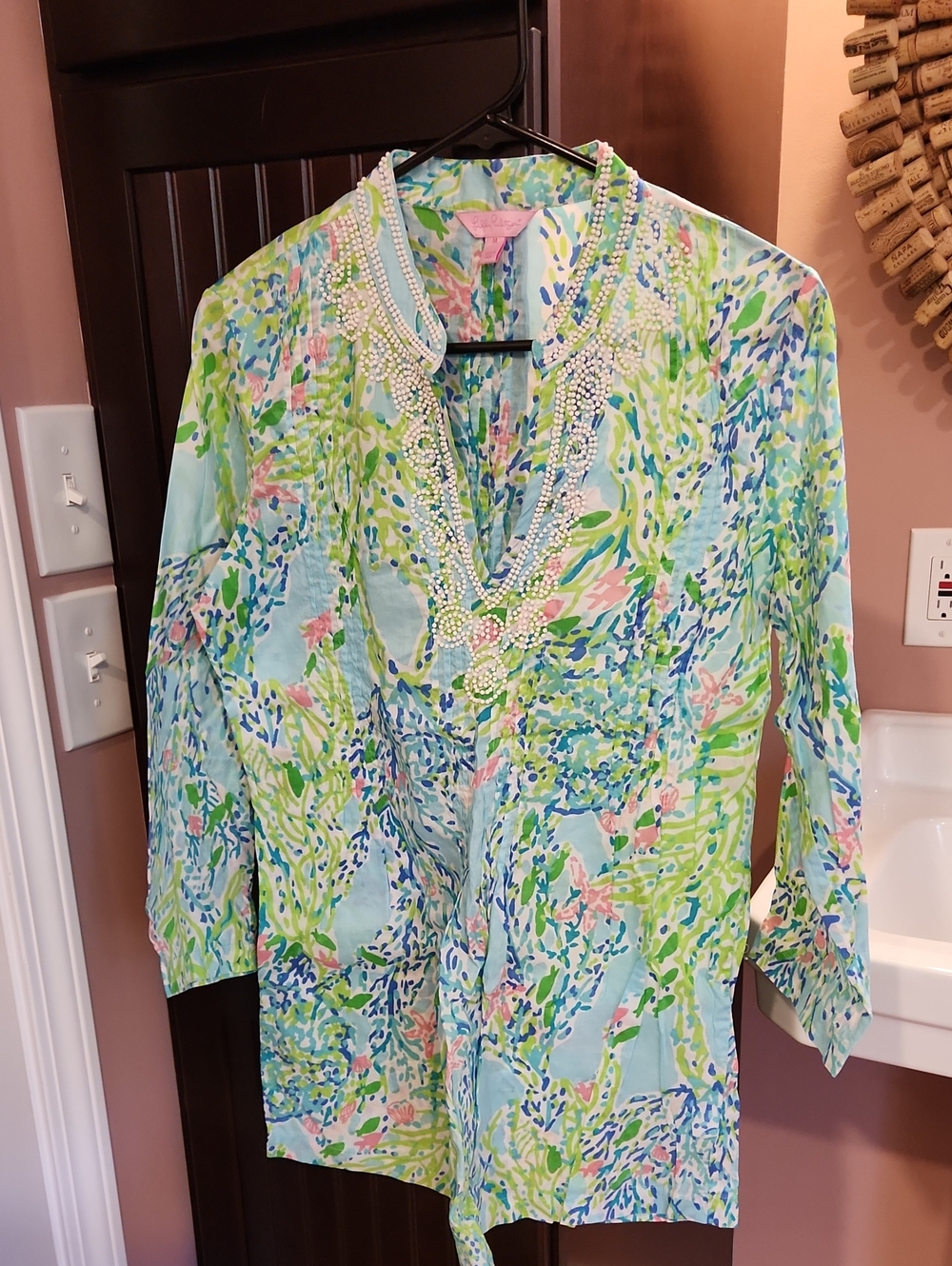 Lilly Pulitzer Pastel Blue Green Pink Printed Beaded Tunic Long Sleeve Cotton